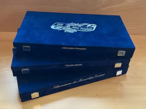 3 x Leer Etui blau Samt Münzbox für Münzen mit 2 Auflage