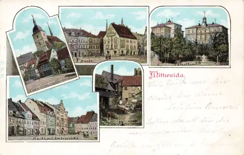 AK Mittweida Mehrbildkarte Markt Amtsgericht Kirche Sachsen 1905 Postkarte Litho