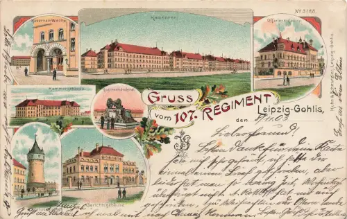 AK Leipzig-Gohlis 107. Regiment Kaserne Offizierscasino Sachsen 1903 Litho