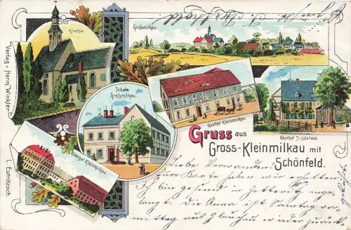 AK Gross-Kleinmilkau Schönfeld Gasthof Kirche Sachsen 1903 Postkarte Litho