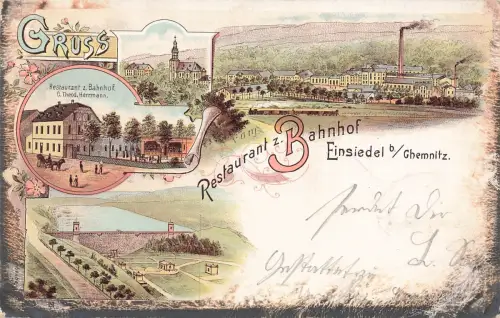 AK Einsiedel b. Chemnitz Restaurant Bahnhof Kirche Sachsen 1903 Postkarte Litho