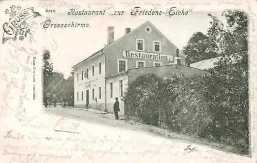 AK Großschirma Restaurant zur Friedens-Eiche Sachsen 1902 gelaufen Postkarte