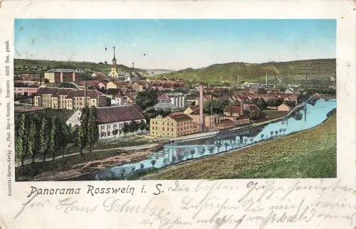 AK Rosswein Stadtpanorama Fluss Kirche Sachsen 1902 gelaufen Postkarte