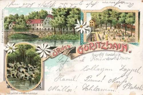 AK Göritzhain Gasthof Garten Wasserfall Sachsen 1903 gelaufen Postkarte Litho
