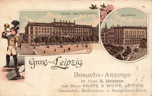 AK Leipzig Reichsbank Post Besuchsanzeige Haus Knape & Würk Sachsen 1899