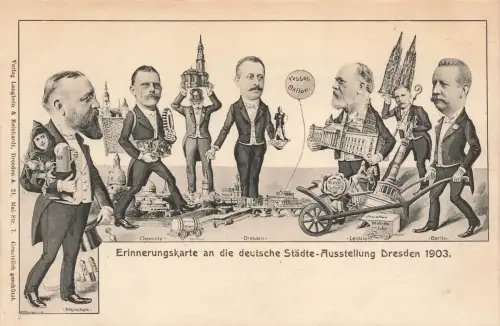 AK Dresden Deutsche Städte Ausstellung Karikatur Sachsen ungelaufen Postkarte