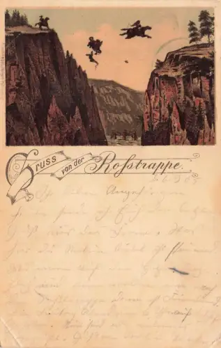 AK Rosstrappe bei Thale Reiter springen über Schlucht Sachsen-Anhalt 1905