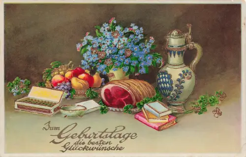 AK Geburtstag die besten Glückwünsche Stillleben Glitzerauflage gelaufen