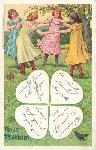 AK Frohe Pfingsten Mädchen Reigentanz Kleeblatt 1989 Künstlerkarte O.R. Koch