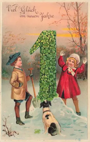 AK Neujahr Viel Glück im neuen Jahre Kinder Hund Kleeblätter Postkarte geprägt