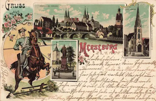 AK Merseburg Husar auf Pferd Schloss Kirche Sachsen-Anhalt 1900 Postkarte Litho