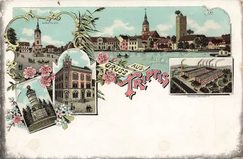 AK Triptis Marktplatz Kriegederdenkmal Porzellanfabrik Thüringen Postkarte Litho
