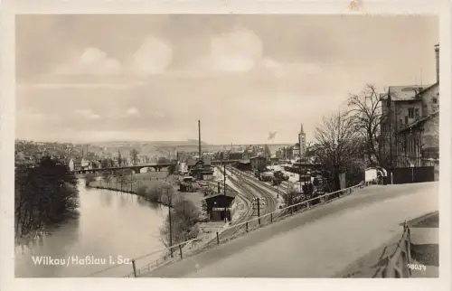 AK Wilkau-Haßlau Bahnstrecke Kirche Brücke Sachsen ungelaufen Postkarte