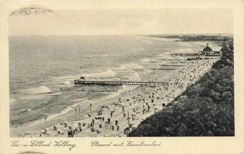 AK Kolberg See u. Solbad Strand Familienbad Pommern 1933 gelaufen Postkarte