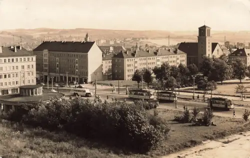 DDR AK Plauen Platz der roten Armee Straßenbahnen Sachsen Vogtland 1961 gelaufen