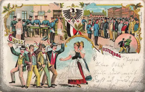 AK 1.WK Gruß von der Musterung 1901 gelaufen Postkarte Patriotika Litho