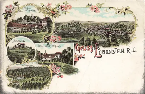 AK Lobenstein Sehenswürdigkeiten Schloss Almhütte Thüringen Postkarte Litho