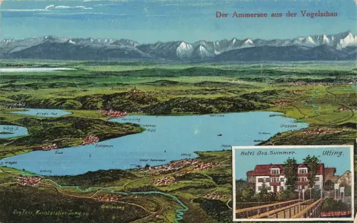 AK Oberbayern Vogelschau Alpenpanorama Ammersee Hotel Jos. Summer Postkarte