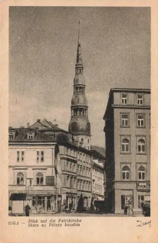 AK Riga Petrikirche Geschäfte Lettland 1944 gelaufen Feldpostkarte