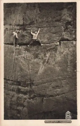AK Sächsische Schweiz Kletterer Kreuzturm Nordwand Walter Hahn Nr. 2666 Sachsen