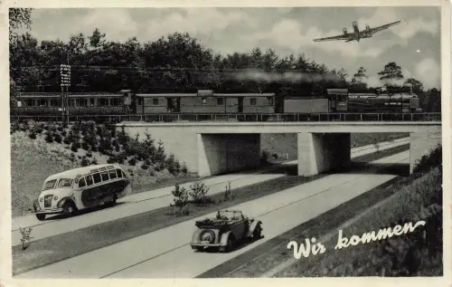 AK Plauen Wir kommen Oldtimer Flugzeug Zug Sachsen 1938 gelaufen Postkarte