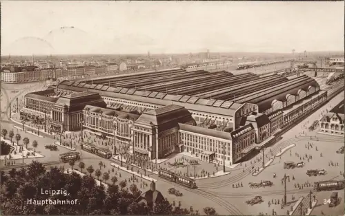AK Leipzig Hauptbahnhof Pferdekutschen Straßenbahn Sachsen 1925 Postkarte