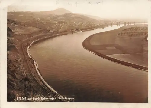 AK Groß Tschernosek Elbtal Elbe Vogelperspektive Sudetengau gelaufen Postkarte