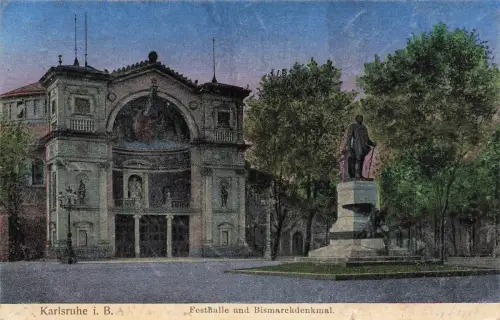 AK Karlsruhe Festhalle Bismarckdenkmal Baden-Württemberg 1914 Feldpostkarte