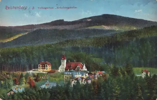 AK Reichenberg Liberec Volksgarten Erholungsheim Böhmen 1914 gelaufen Postkarte