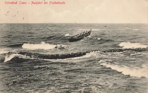 AK Ostseebad Cranz Ausfahrt der Fischerboote Ostpreussen 1914 gelaufen Postkarte