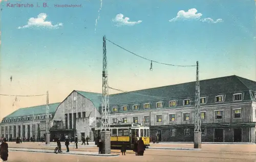 AK Karlsruhe Hauptbahnhof Straßenbahn Baden-Württemberg 1914 Feldpostkarte