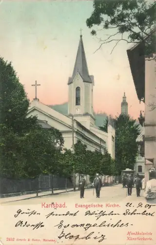 AK Karlsbad Karlovy Vary Evangelische Kirche Böhmen 1905 gelaufen Postkarte