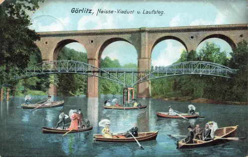 AK Görlitz Neisse Vidaduct Laufsteg Ruderboote Sachsen 1910 gelaufen Postkarte