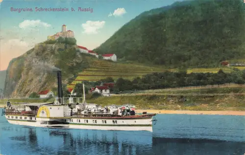 AK Aussig Burgruine Schreckenstein Passagierdampfer Böhmen 1913 Postkarte