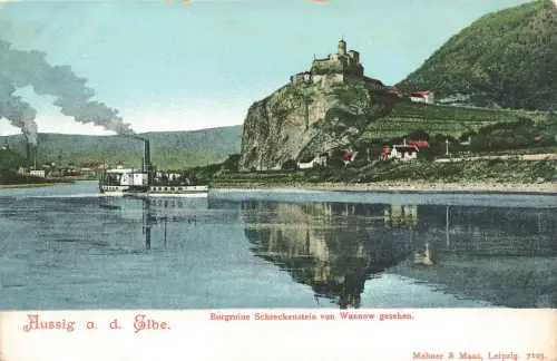 AK Aussig Elbe Schreckenstein Burgruine Passagierdampfer Böhmen Postkarte