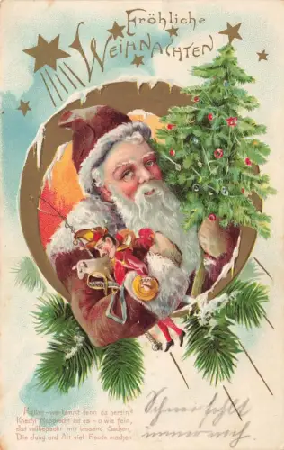 AK Weihnachten Fröhliche Weihnachen Weihnachtsmann Tannenbaum Postkarte geprägt