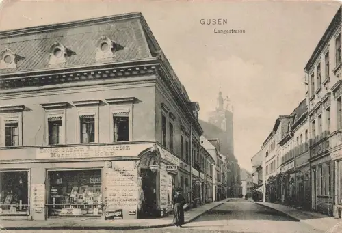 AK Guben Langstraße Drogerie Hermann Sohr Brandenburg 1917 Feldpostkarte