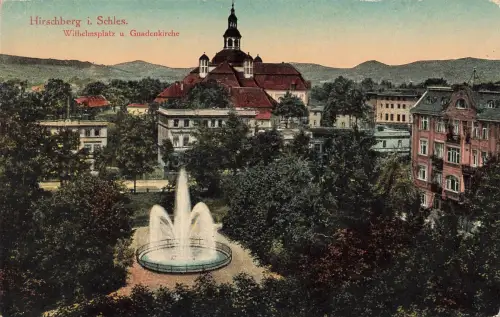 AK Hirschberg Wilhelmsplatz Gnadenkirche Schlesien 1942 gelaufen Postkarte