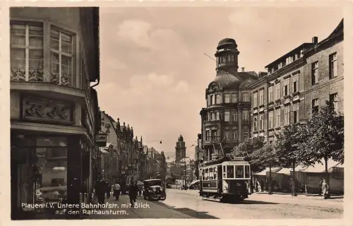 AK Plauen Untere Bahnhofsstraße Rathausturm Sachsen Vogtland Postkarte