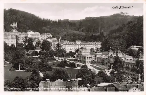 AK Marienbad Parkanlagen Zentralbad Cafe Rübezahl Böhmen ungelaufen Postkarte