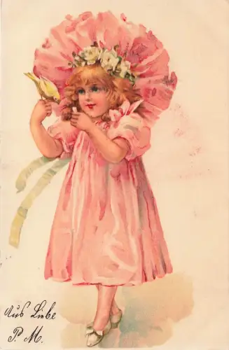 AK Mädchen mit Blumenkranz Vogel 1904 gelaufen Postkarte