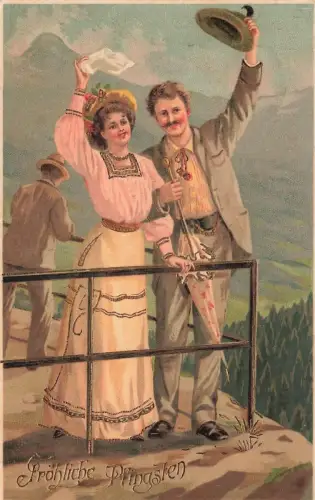 AK Pfingsten Fröhliche Pfingsten Ehepaar Glitzereffekte 1906 gelaufen Postkarte