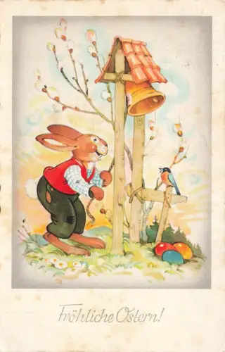 AK Ostern Fröhliche Ostern Osterhase Glocke Ostereier 1956 gelaufen Postkarte