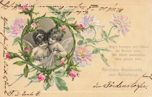 AK Geburtstag Herzlichen Glückwunsch Engel Blumen 1906 Postkarte geprägt