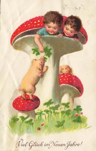 AK Neujahr Viel Glück Kinder Glückssymbole 1929 gelaufen Postkarte