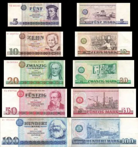 DDR Banknoten Satz 5 ,10, 20, 50 + 100 Mark 1971 bis 1975