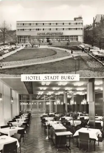 DDR AK Burg Hotel Stadt Burg Rolandplatz Sachsen-Anhalt Postkarte