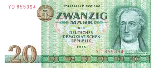 DDR Banknote 20 Mark 1975 Wolfgang von Goethe Ro: 362b Ersatznote KASSENFRISCH