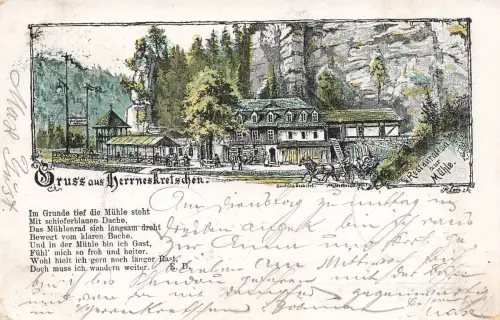 AK Herrnskretschen Restauration zur Mühle Böhmische Schweiz 1907 Postkarte