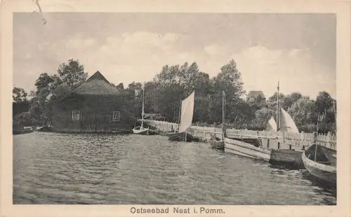 AK Ostseebad Nest Bootshaus Segelboote Jamunder See Pommern 1925 Postkarte
